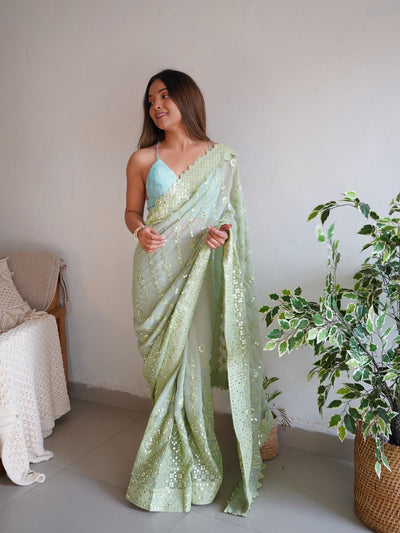 Odette Green Georgette Embroidered Saree With Unstitched Blouse For Women