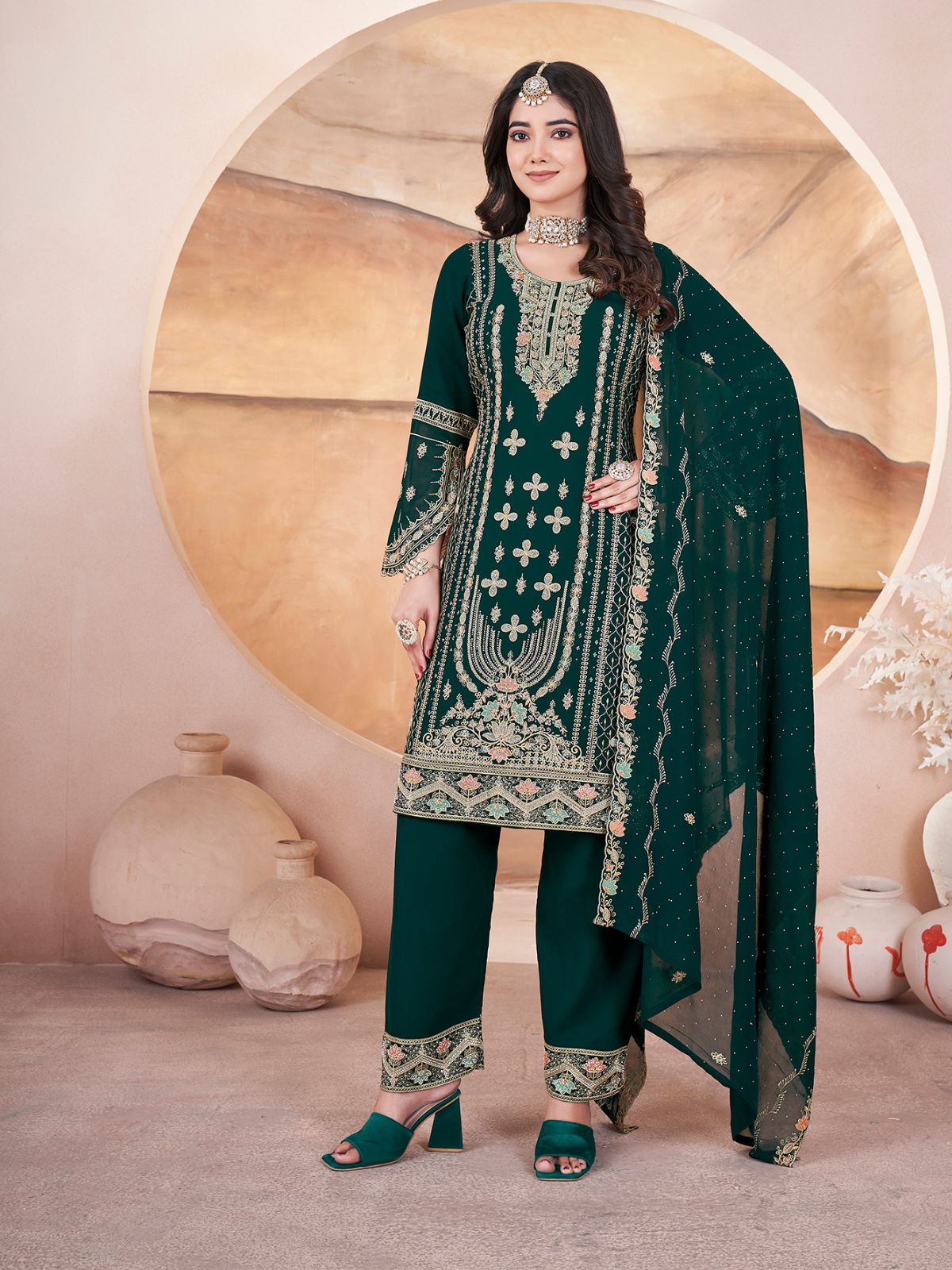 Odette Dark Green Georgette Embroidered Stitched Kurta Set For Women