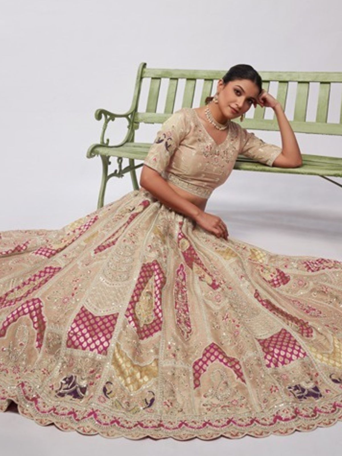 Odette Gold Organza Embellished Semi-Stitched Lehenga With Unstitched Blouse For Women