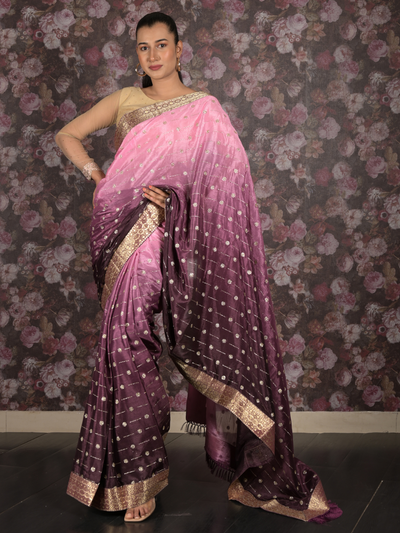 Odette Purple Shimmer Embellished Shaded Crepe Saree with Unstitched Blouse for Women