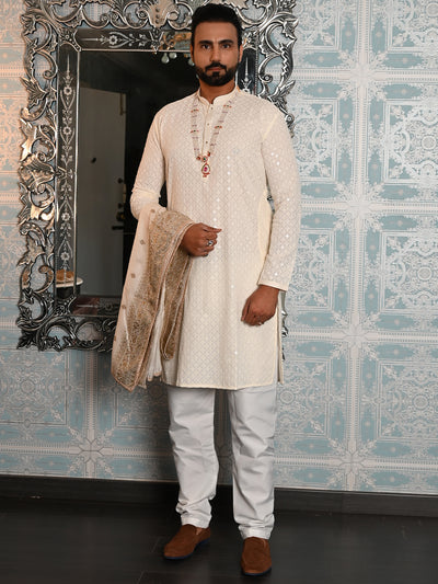 Odette Off White Embroidered Cotton Traditional Kurta Set For Men