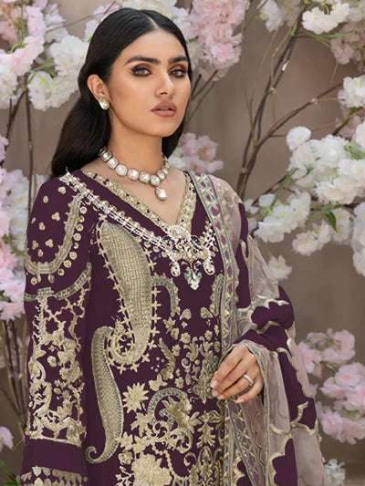 Odette Wine Organza Embroidered Semi Stitched Salwar Suit For Women