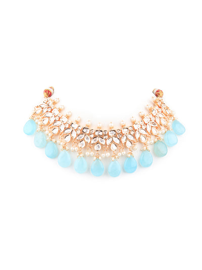 Odette Women Stylish Sea Green Kundan Choker Necklace Set