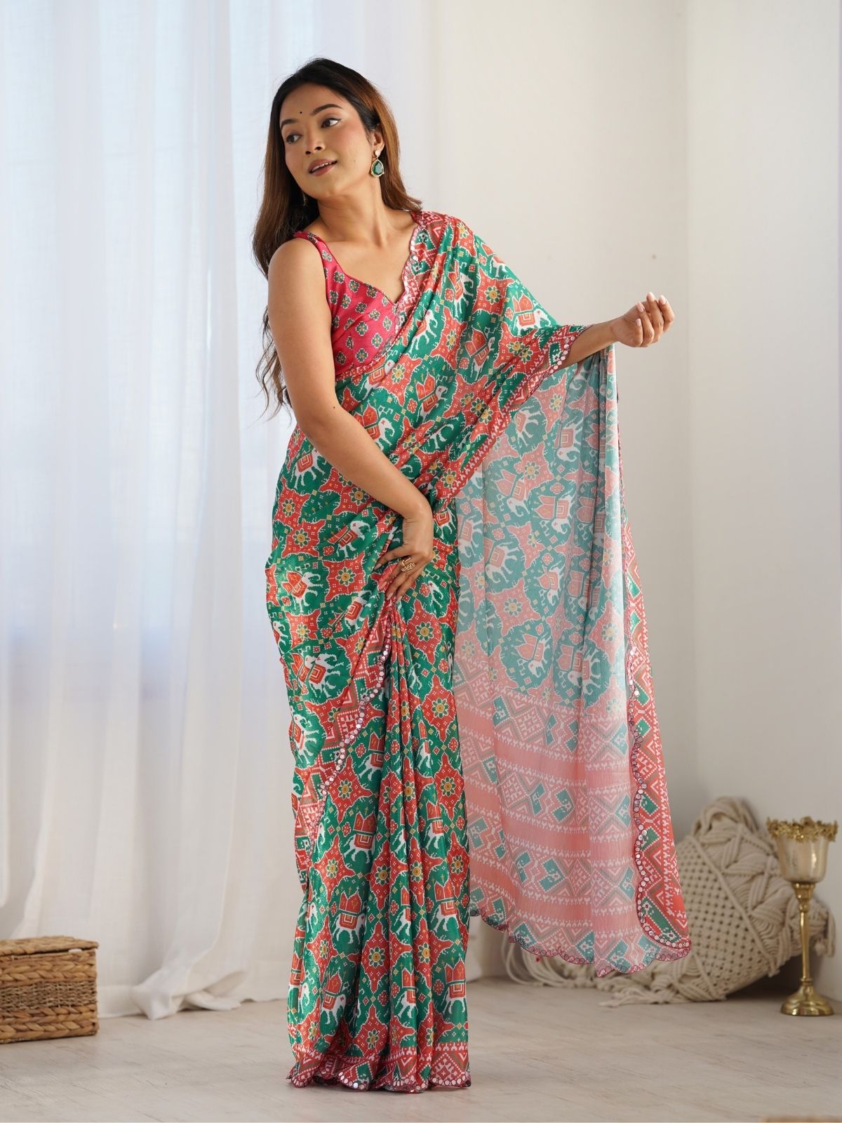 Odette Green And Orange Chinon Printed Saree With Unstitched Blouse For Women