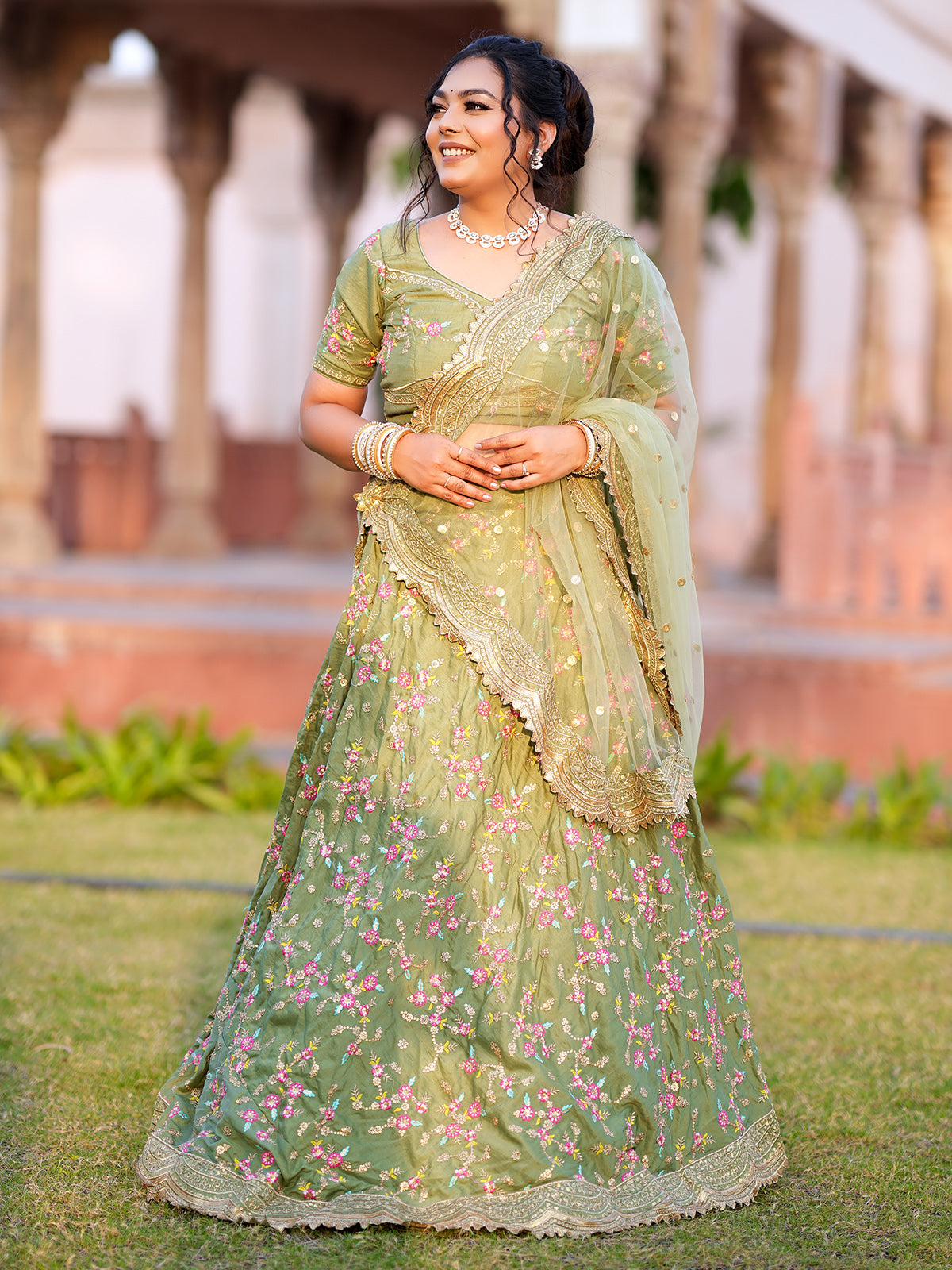 Odette Women Light Green Floral Semi Stitched Lehenga With Unstitched Blouse