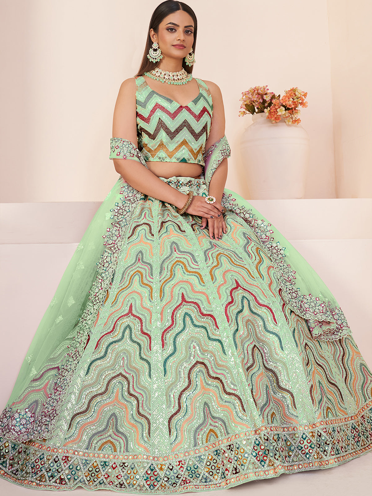 Odette Green Net Embellished Semi Stitched Lehenga With Unstitched Blouse for Women