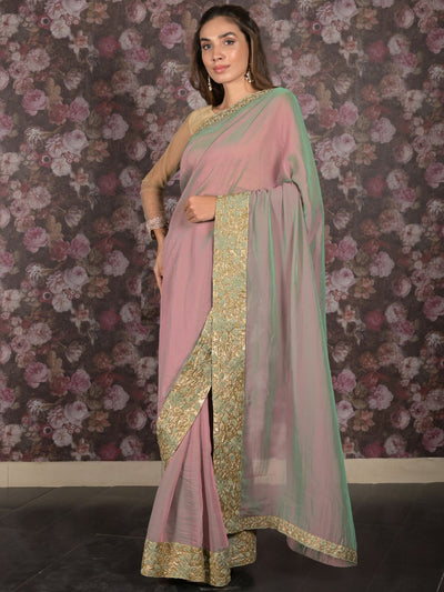 Odette Green and Pink Double Shaded Embroidered Crepe Saree with Unstitched Blouse for Women