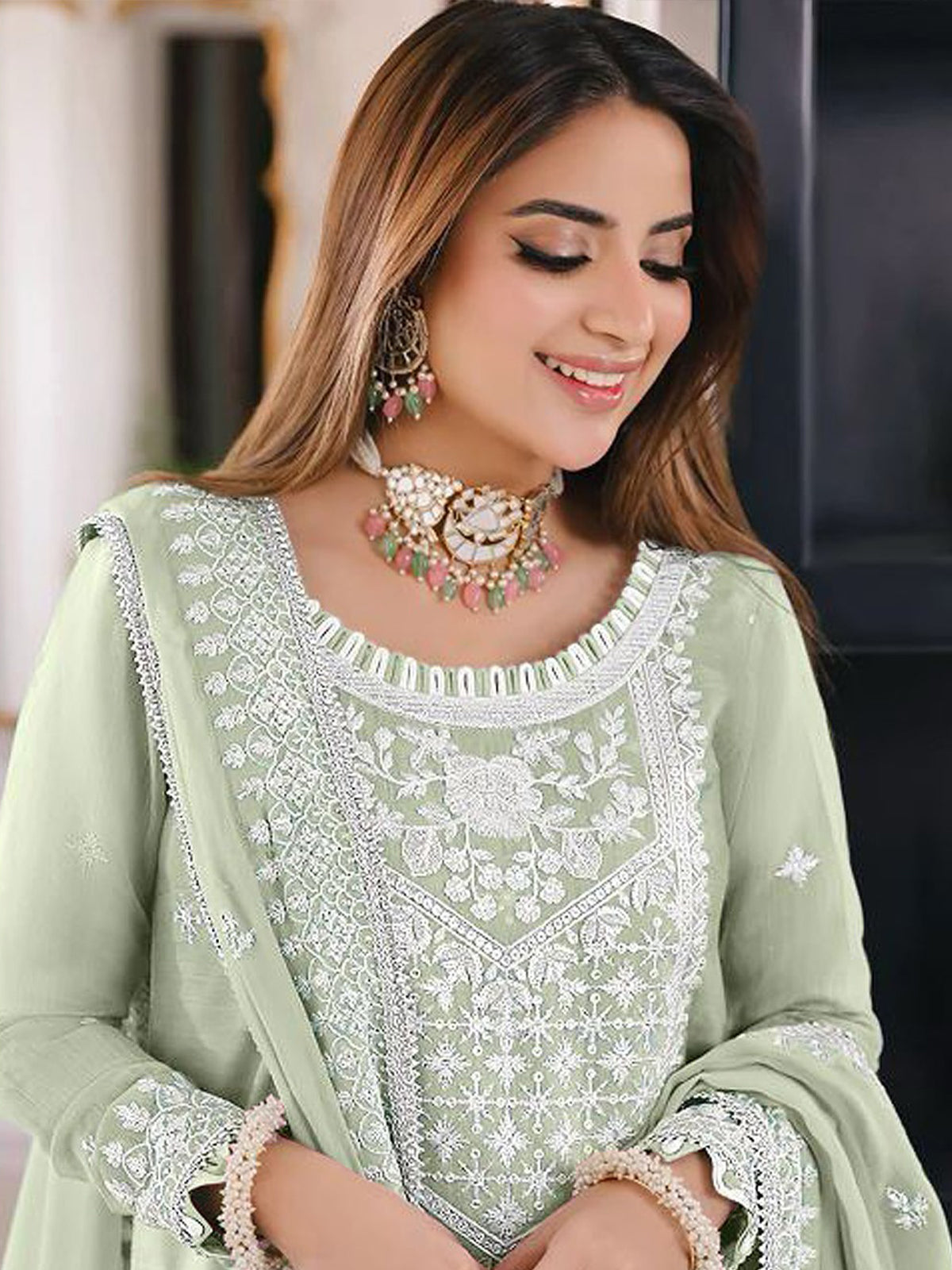 Odette Sea Green Organza Embroidered Semi Stitched Salwar Suit For Women