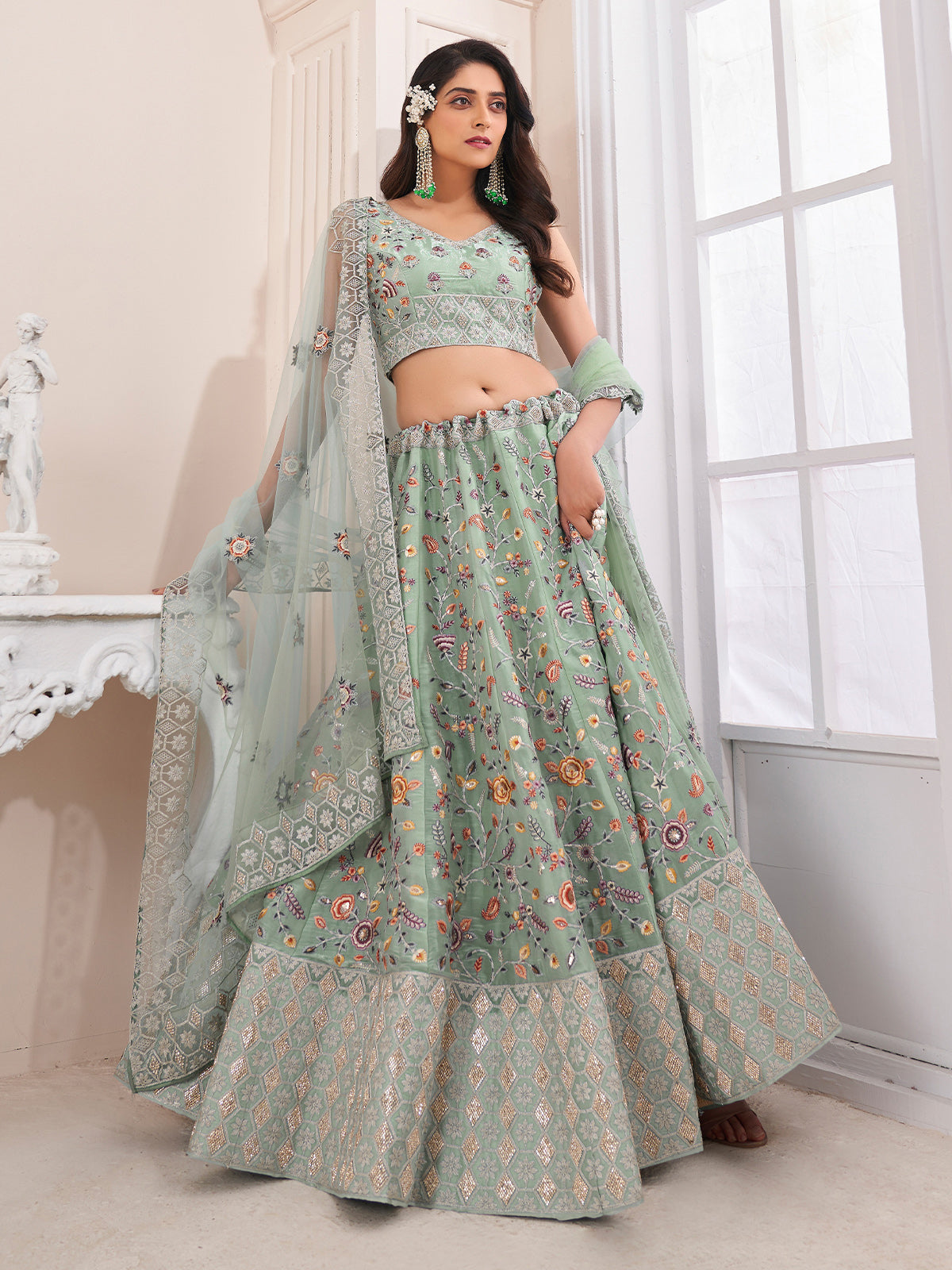 Odette Green Organza Blend Embroidered Semi Stitched Lehenga With Unstitched Blouse for Women