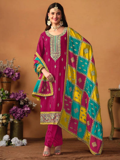 Odette Magenta Embroidered Chinon Silk Unstitched Kurta Set For Women