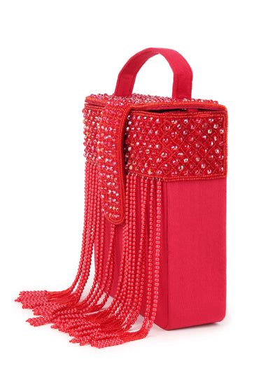 Odette Women Red Beaded Clutch Bag With Tassels