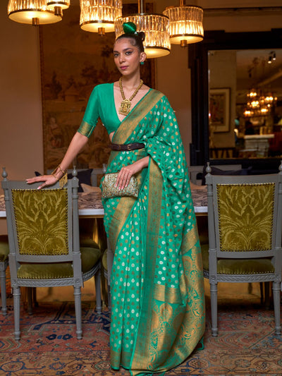 Odette Green Silk Blend Woven Saree With Unstitched Blouse for Women