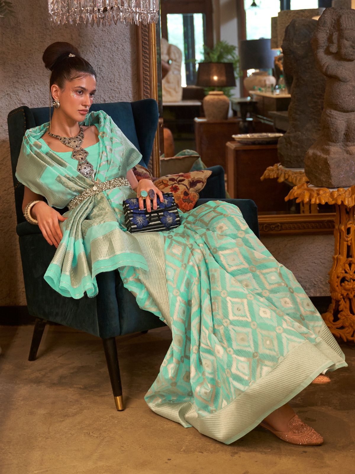 Odette Teal Linen Woven Saree With Unstitched Blouse for Women