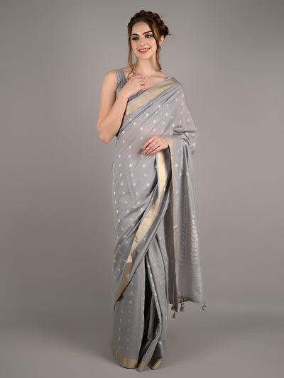 Grey Viscose Woven Saree With Unstitched Blouse