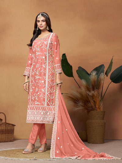 Odette Peach Embroidered Semi Stitched Kurta Set  For Women