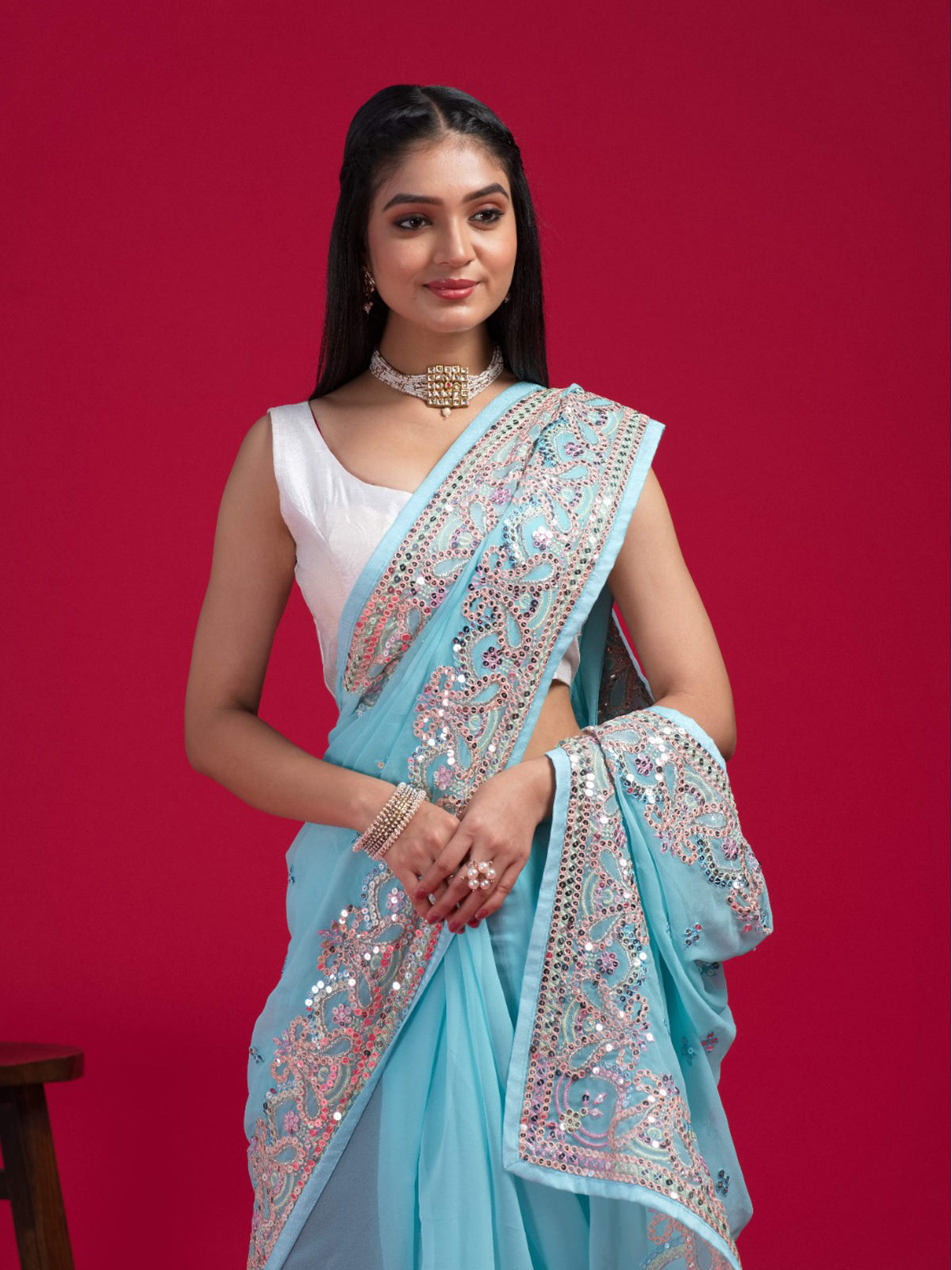 Odette - Blue Georgette Embroidered Saree with Unstitched Blouse