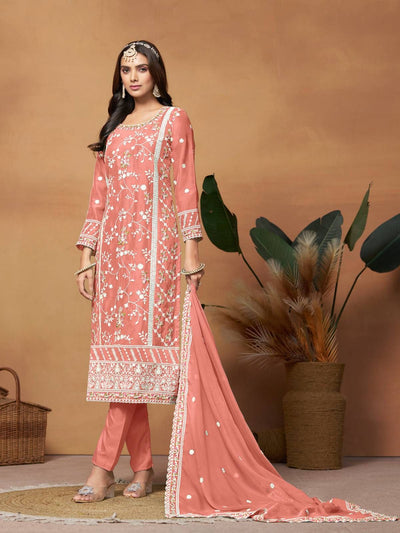 Odette Peach Embroidered Soft Organza Unstitched Kurta Set For Women