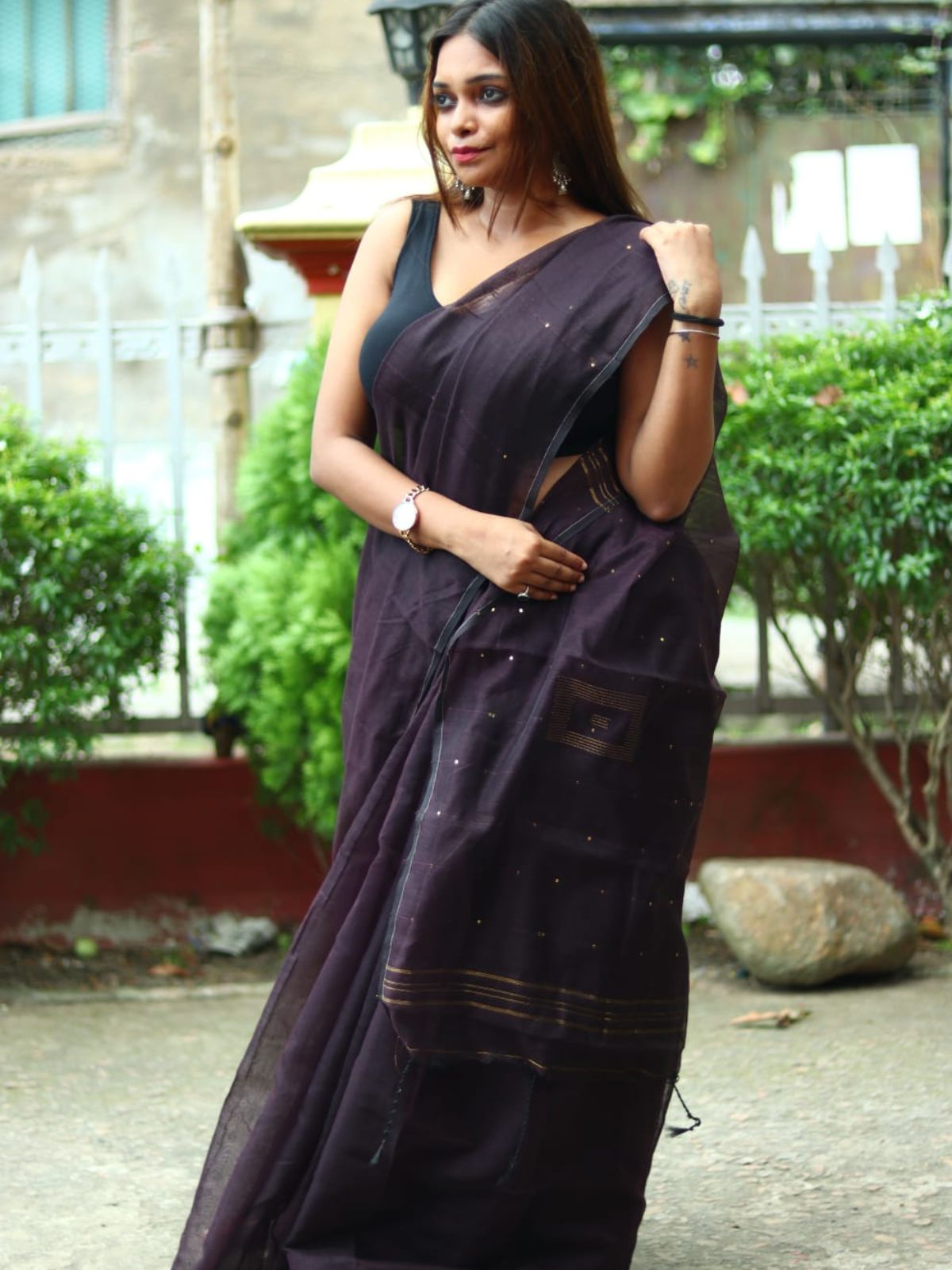 Odette Black Cotton  Saree  With Unstitched Blouse for Women
