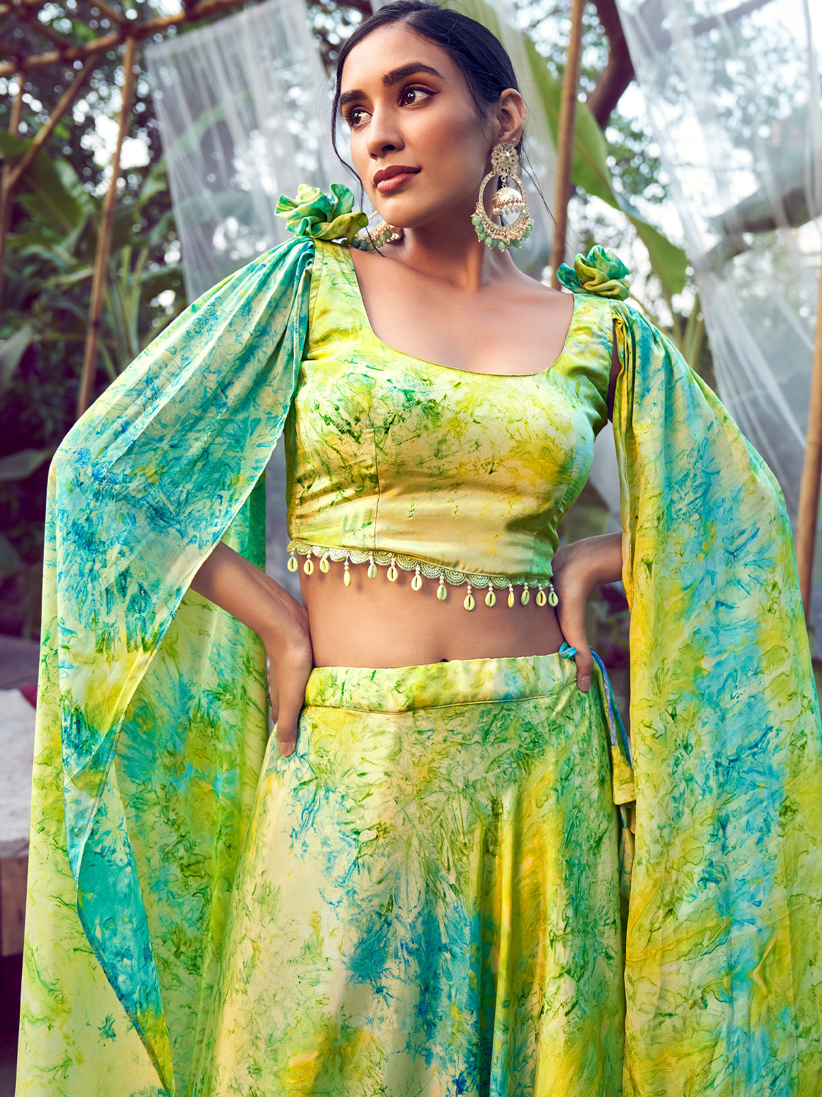 Yellow Lehenga along with Green Dupatta with Jacquard Zari Work the Lehenga  and Beautiful Embroidery Work