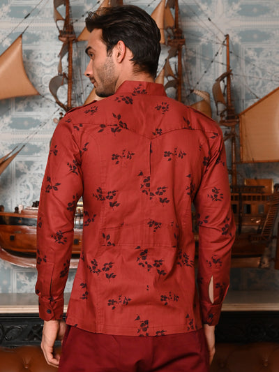 Odette Maroon Floral Printed Cotton Hunting Shirt for Men