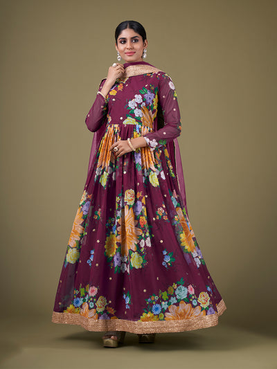 Odette Purple Faux Georgette Printed Semi Stitched Anarkali Kurta Set For Women