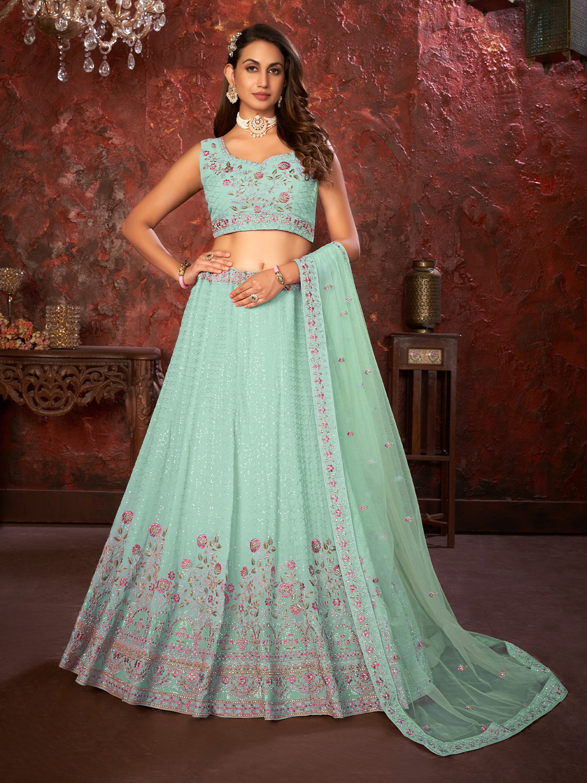 Odette Sky Blue Georgette Embellished Semi Stitched Lehenga With Unstitched Blouse for Women