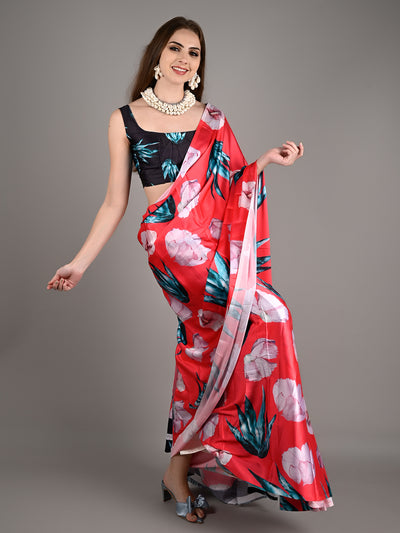 Red Satin Crepe Printed Saree With Unstitched Blouse