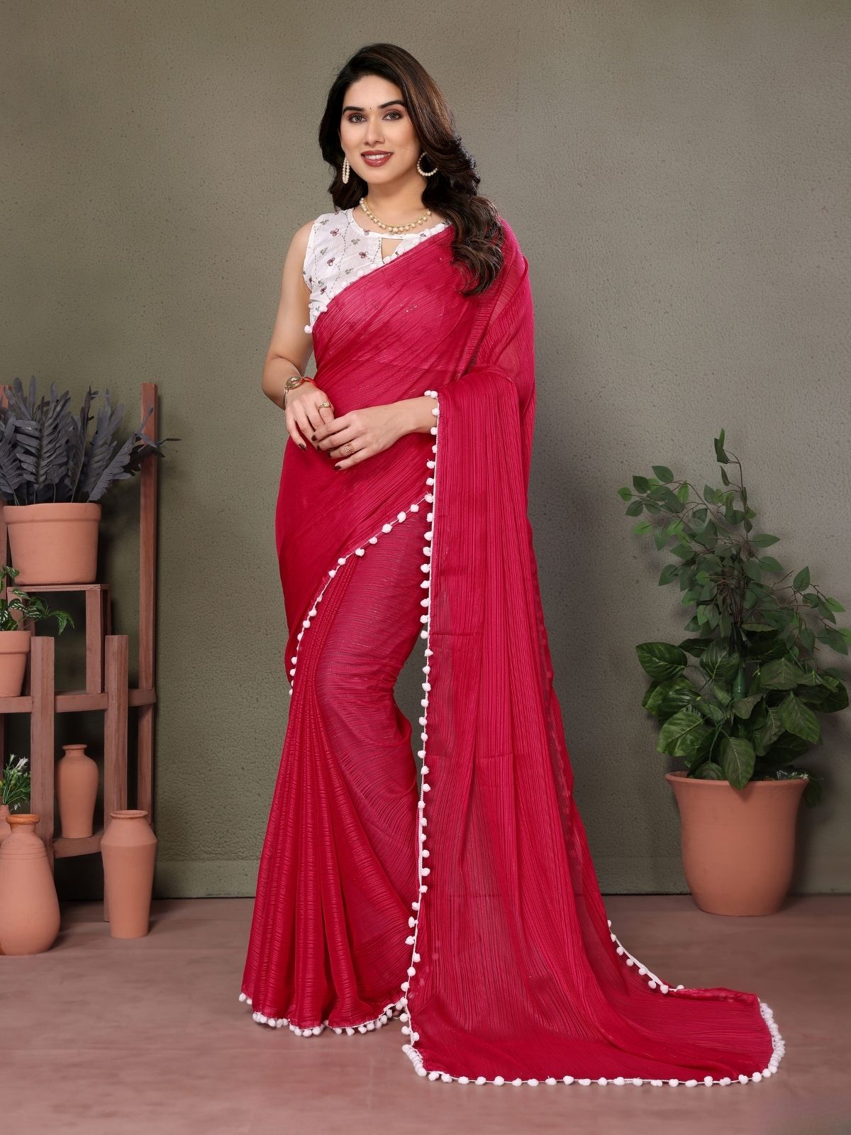 Odette Red  Banglori Lace Work Saree With Unstitched Blouse For Women