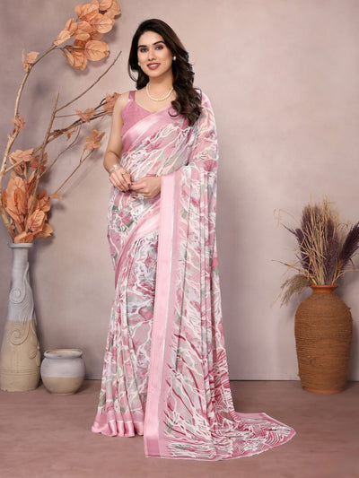 Odette Peach Satin Printed Saree With Unstitched Blouse For Women