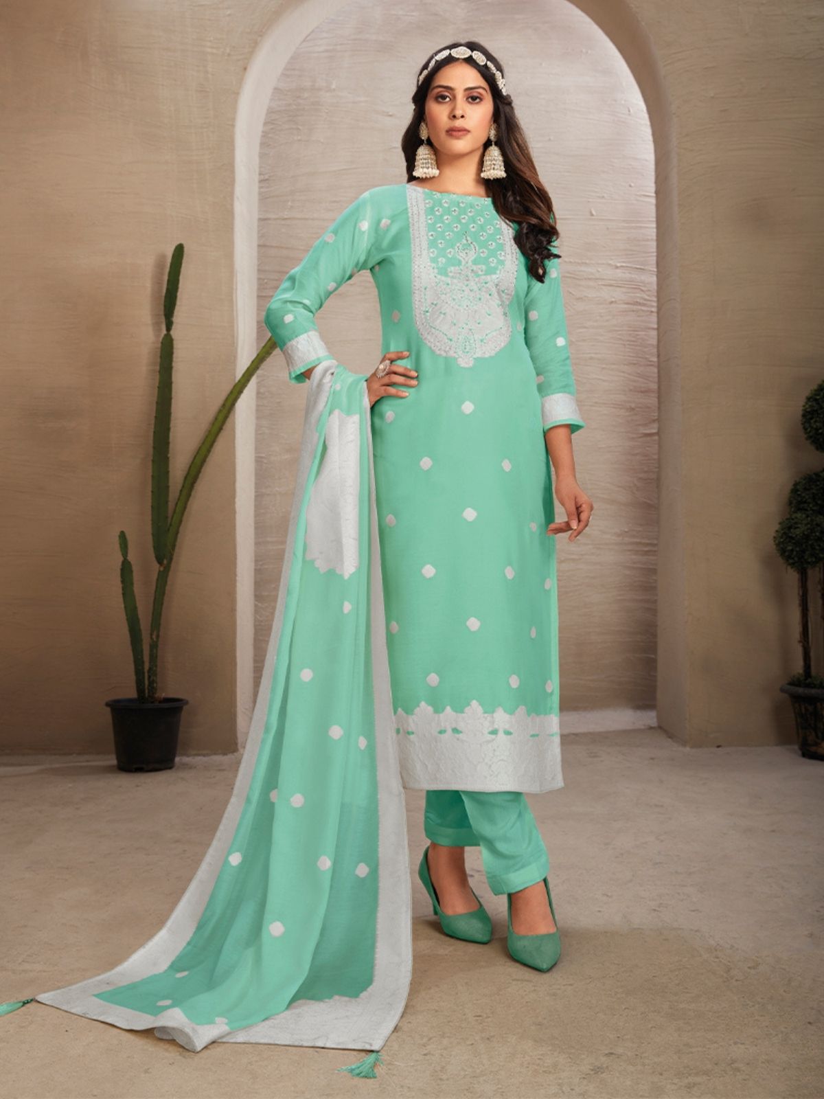 Odette Green Organza Embroidered Semi-Stitched Kurta Set For Women