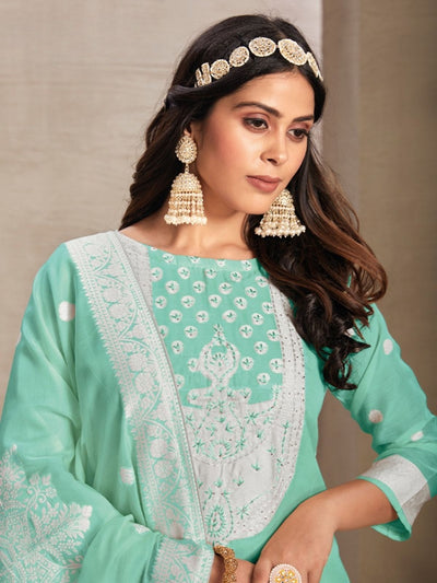 Odette Green Organza Embroidered Semi-Stitched Kurta Set For Women