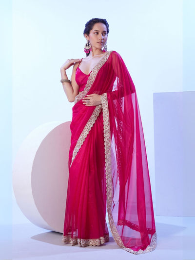 Odette Pink Net Lace Work Saree With Unstitched Blouse For Women