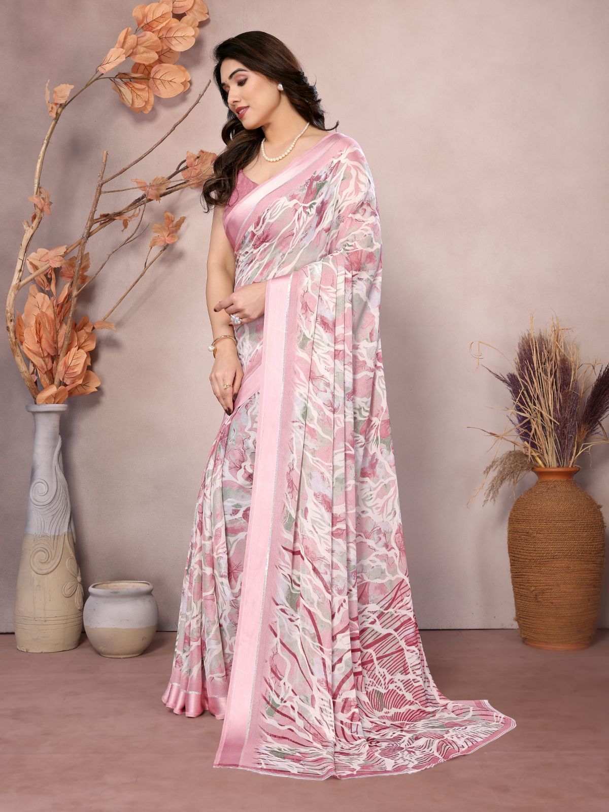 Odette Peach Satin Printed Saree With Unstitched Blouse For Women