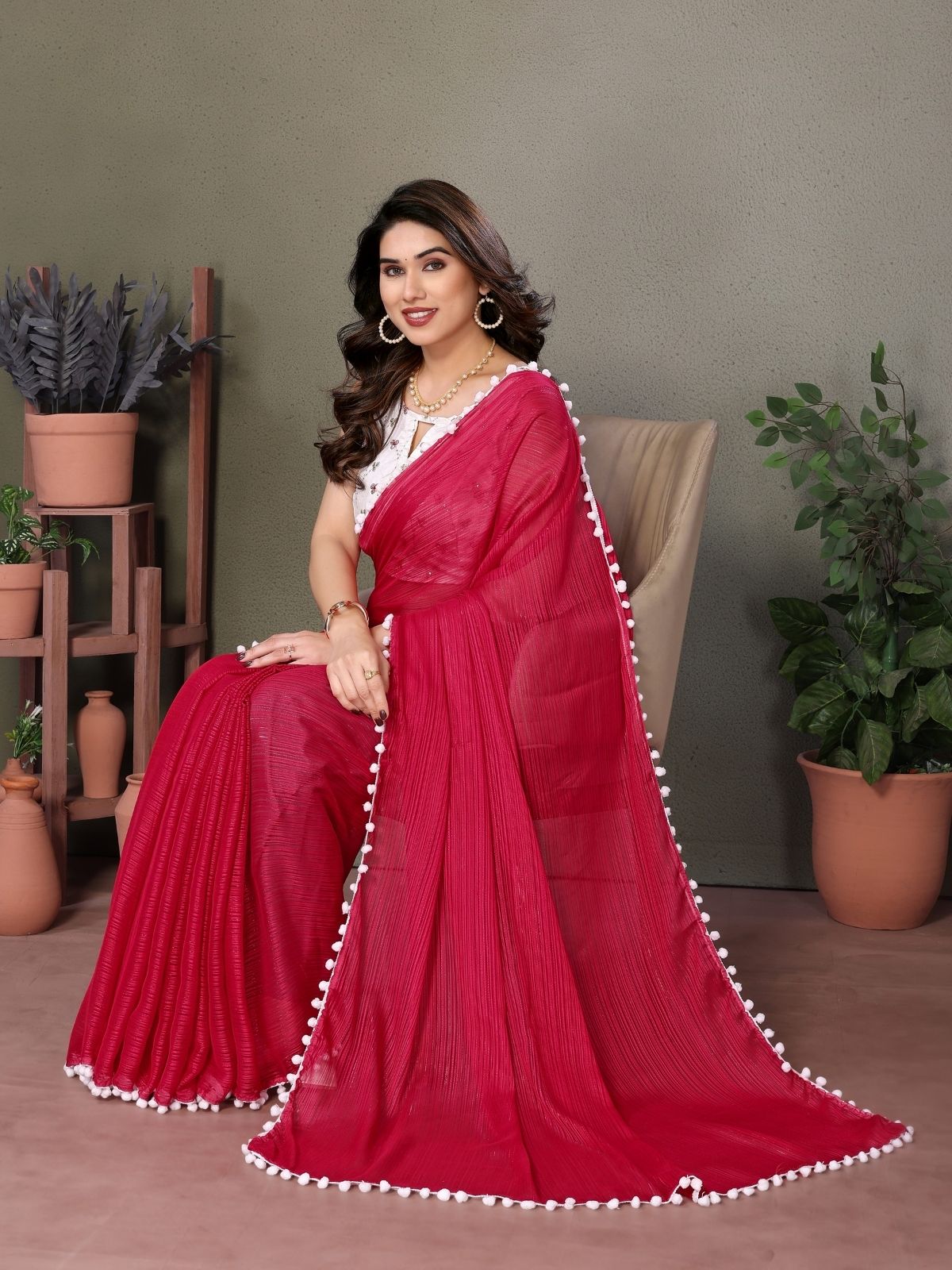 Odette Red  Banglori Lace Work Saree With Unstitched Blouse For Women