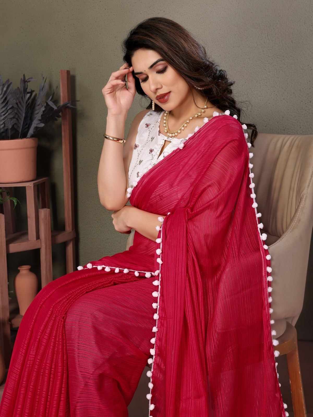 Odette Red  Banglori Lace Work Saree With Unstitched Blouse For Women