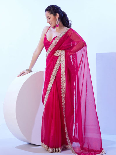 Odette Pink Net Lace Work Saree With Unstitched Blouse For Women