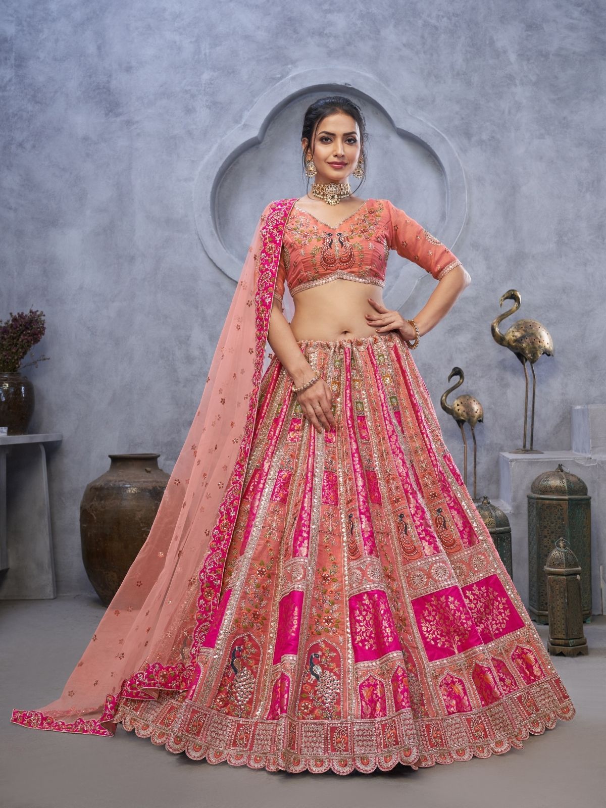 Odette Peach Organza Embellished Semi-Stitched Lehenga With Unstitched Blouse For Women