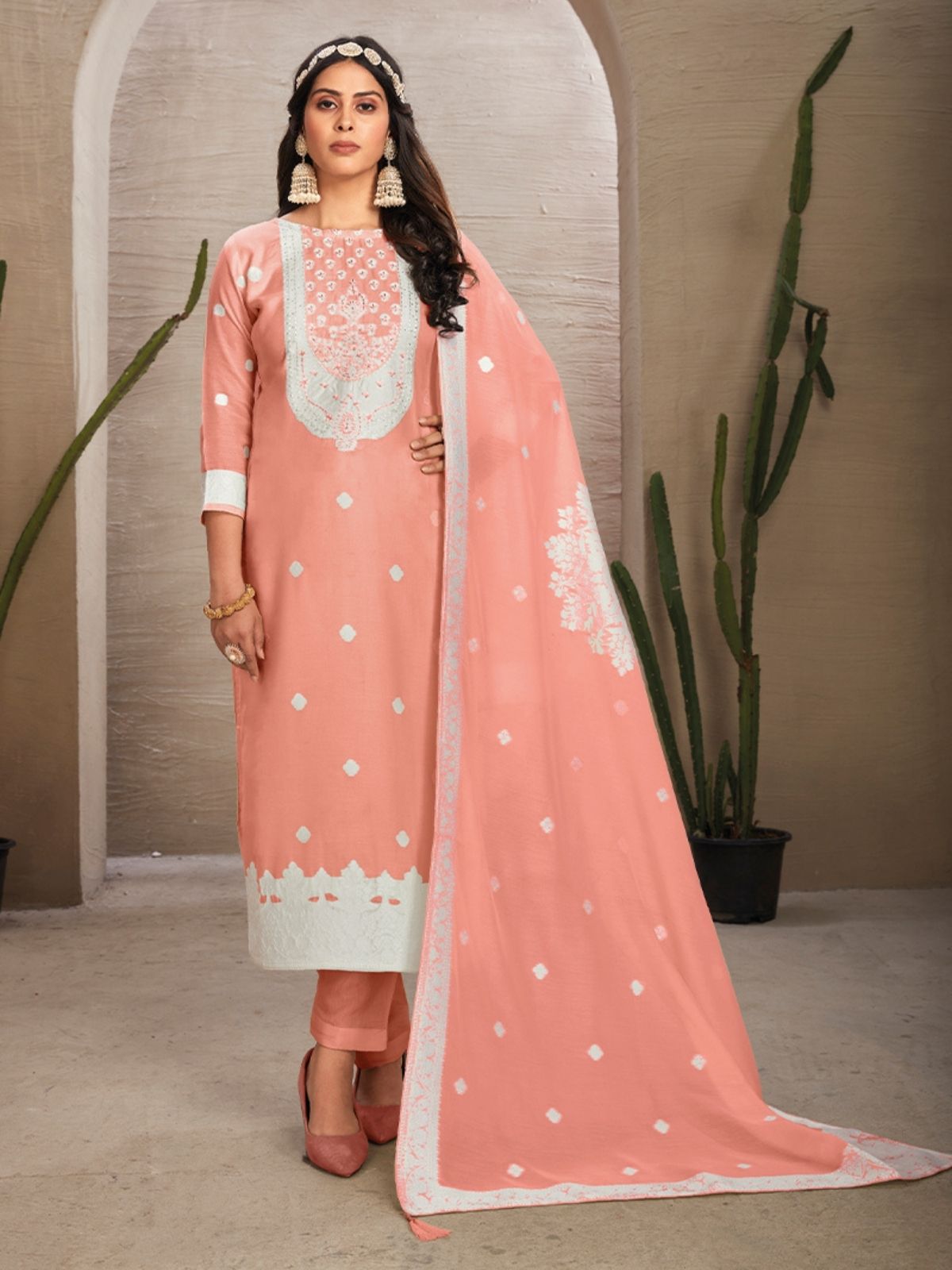 Odette Peach Organza Embroidered Semi-Stitched Kurta Set For Women