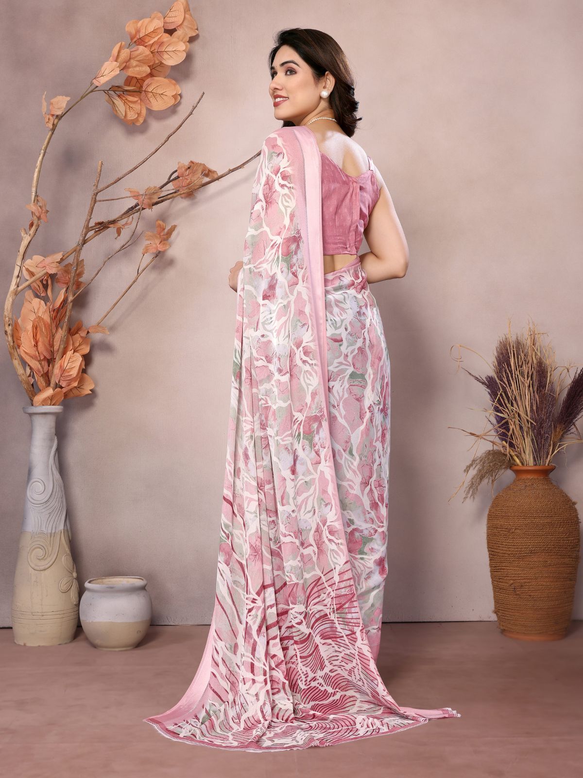 Odette Peach Satin Printed Saree With Unstitched Blouse For Women