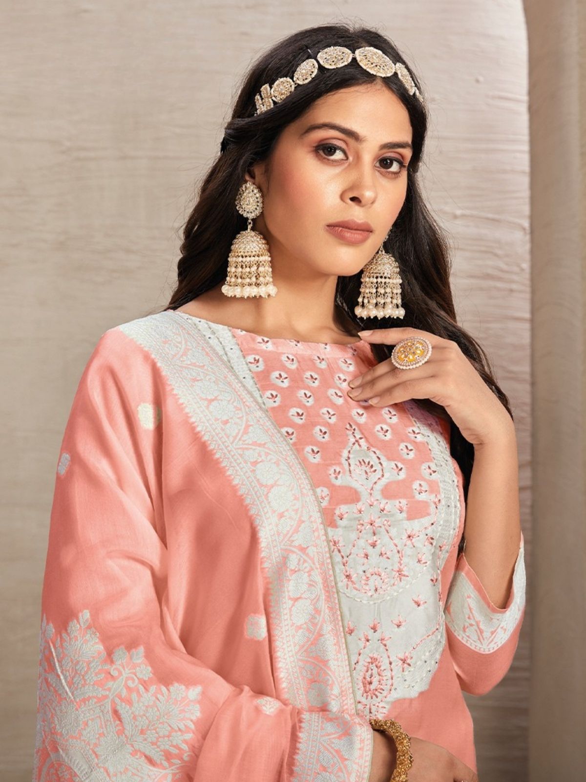 Odette Peach Organza Embroidered Semi-Stitched Kurta Set For Women