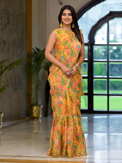 Odette Yellow Georgette Printed Ready To Wear Saree For Women