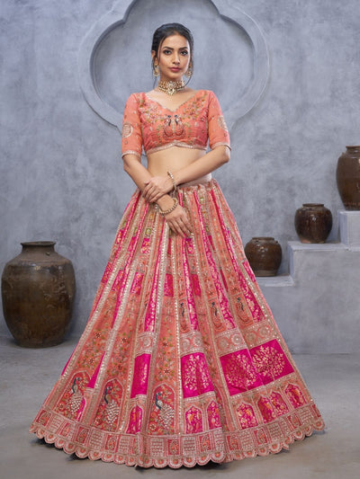 Odette Peach Organza Embellished Semi-Stitched Lehenga With Unstitched Blouse For Women