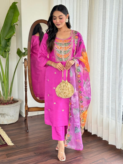 Odette Pink Viscose Embroidered Stitched Kurta Set For Women