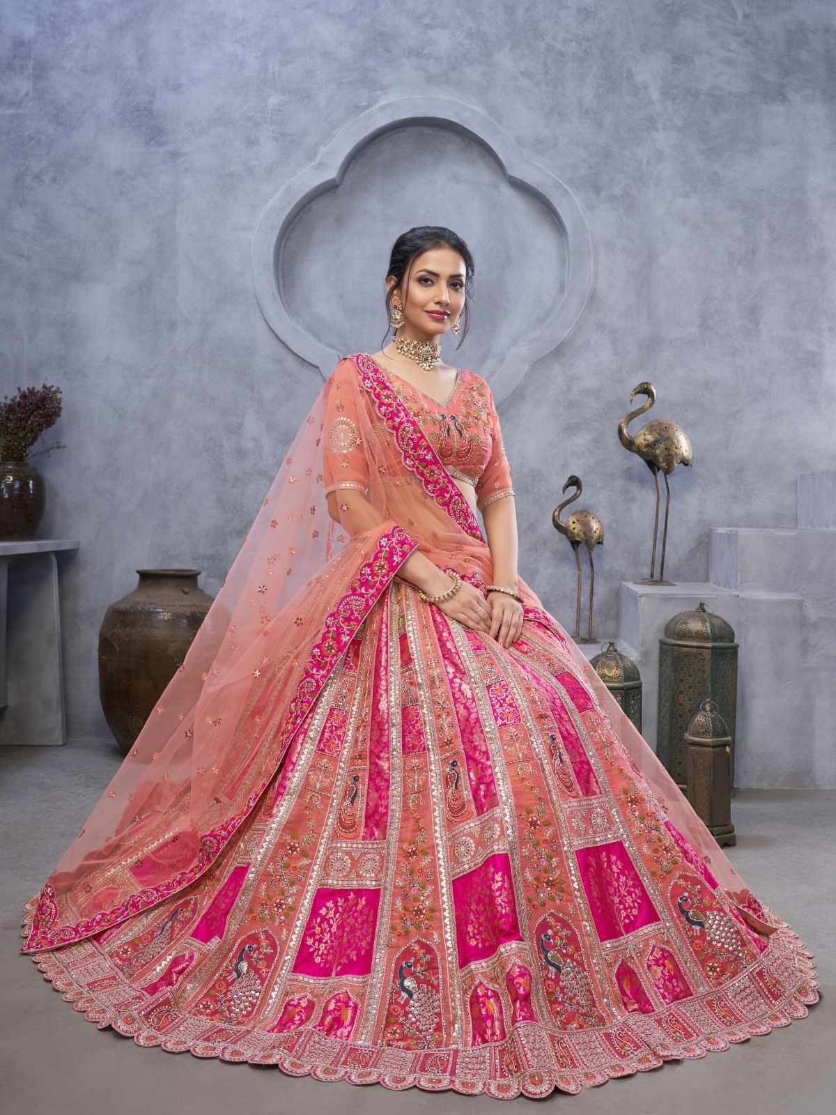 Odette Peach Organza Embellished Semi-Stitched Lehenga With Unstitched Blouse For Women