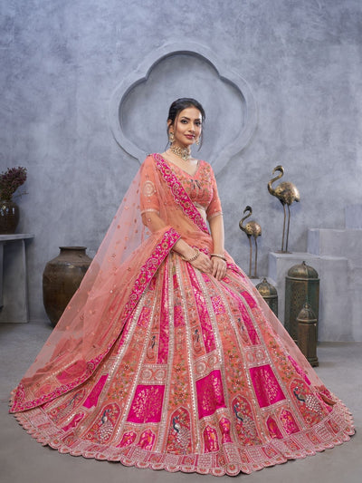 Odette Peach Organza Embellished Semi-Stitched Lehenga With Unstitched Blouse For Women