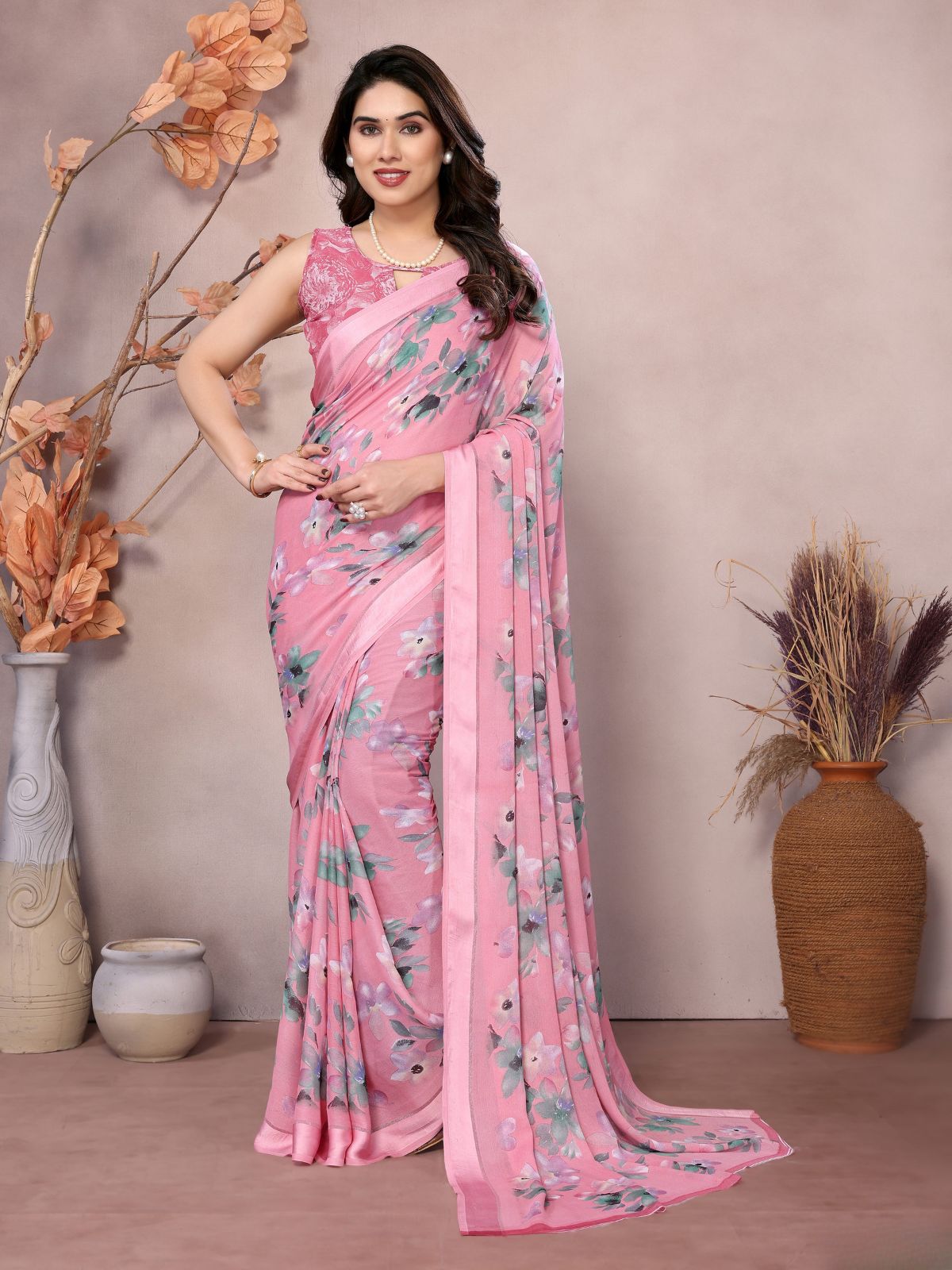 Odette Pink Satin Printed Saree With Unstitched Blouse For Women