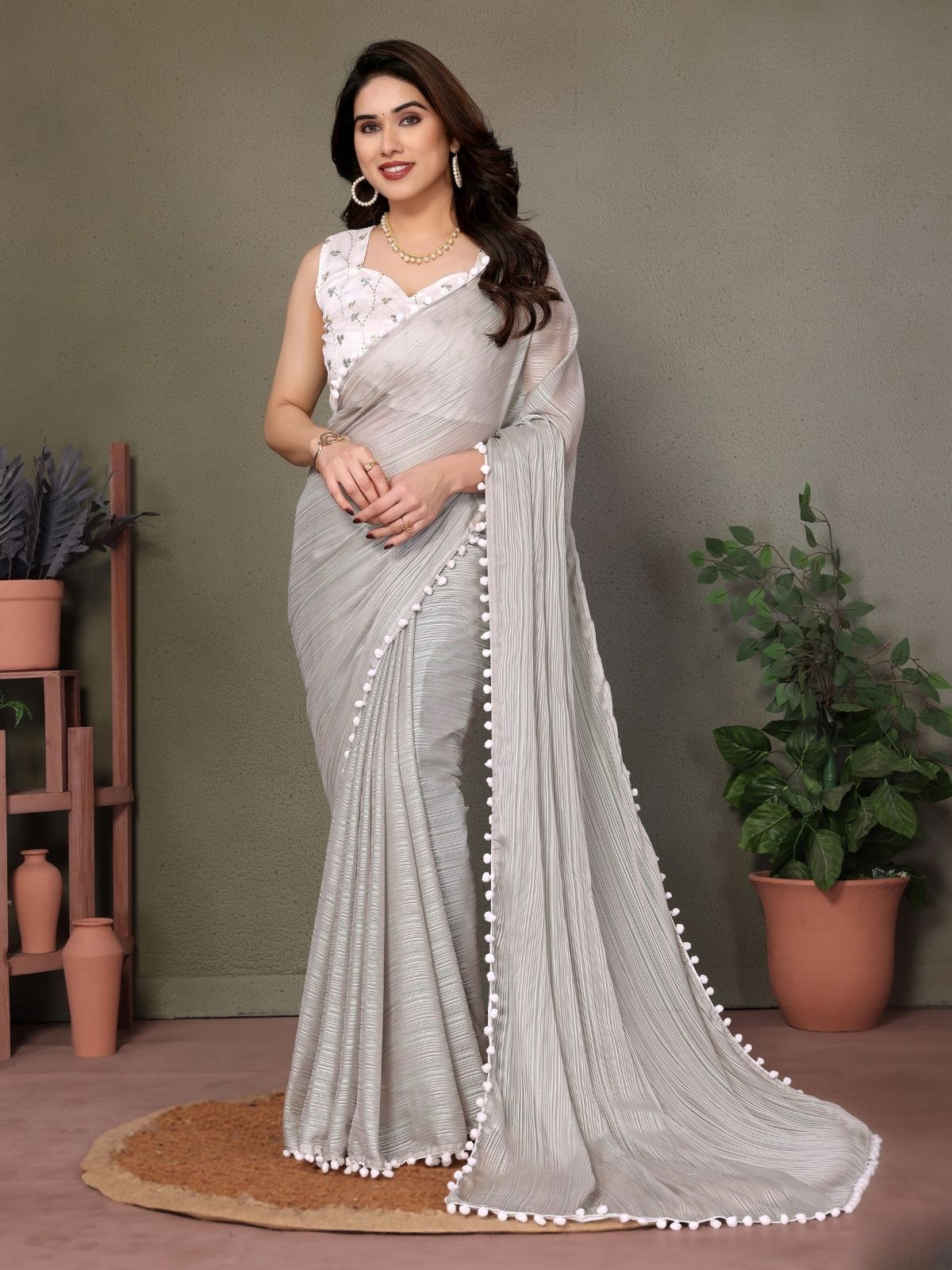 Odette Grey Banglori Lace Work Saree With Unstitched Blouse For Women