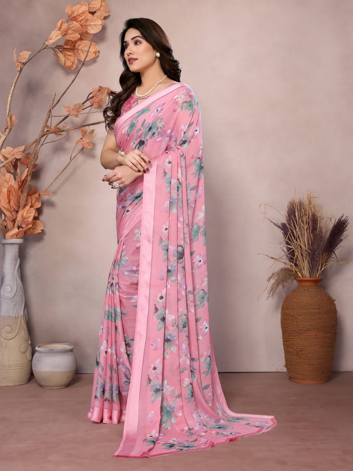 Odette Pink Satin Printed Saree With Unstitched Blouse For Women