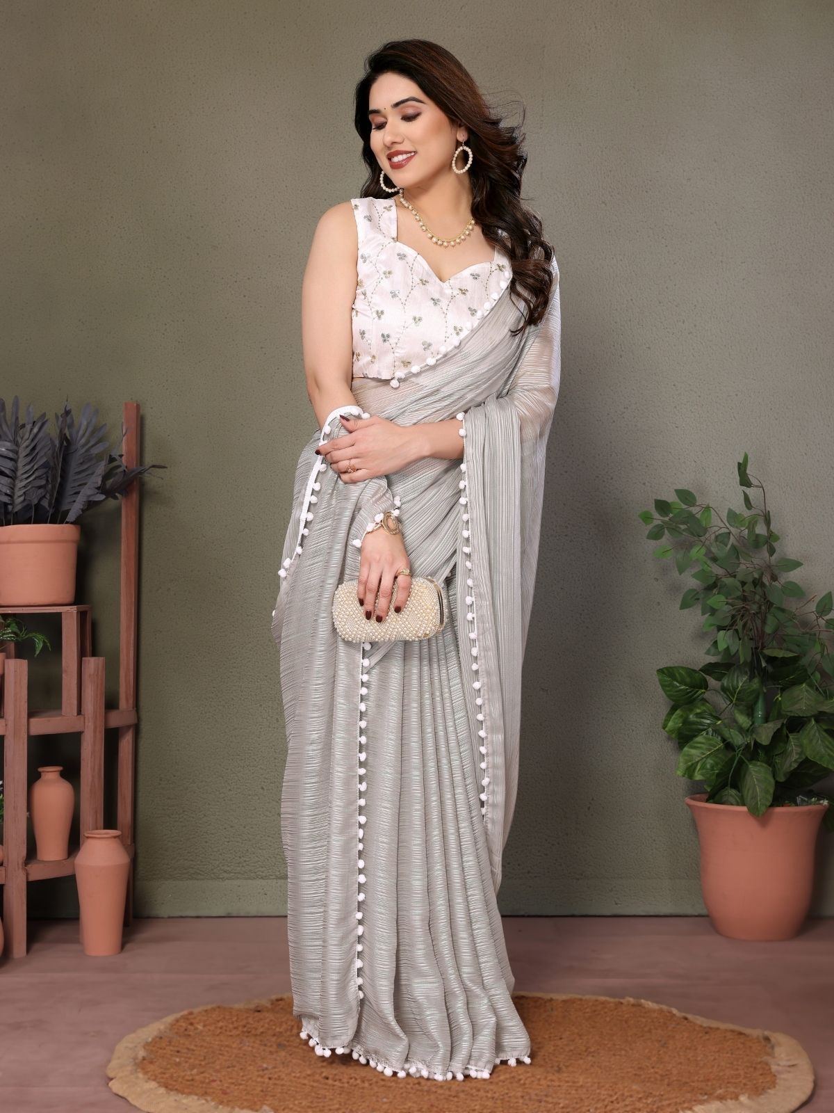 Odette Grey Banglori Lace Work Saree With Unstitched Blouse For Women