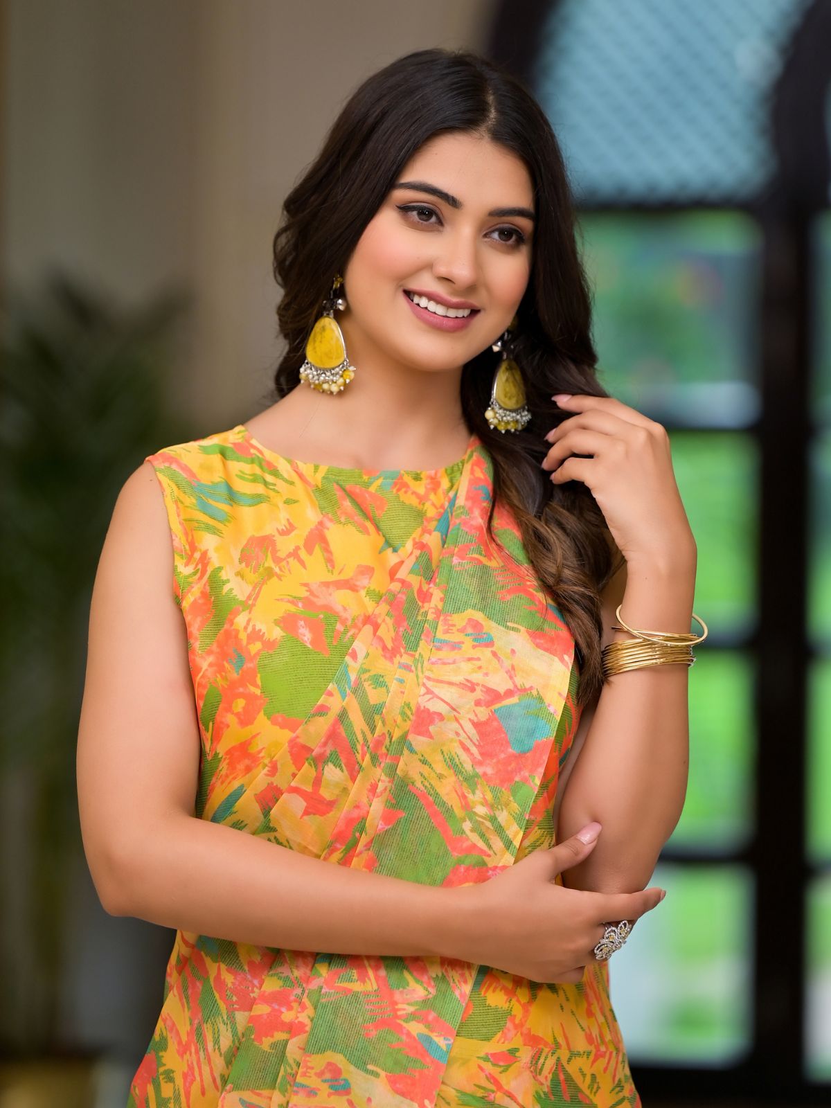 Odette Yellow Georgette Printed Ready To Wear Saree For Women